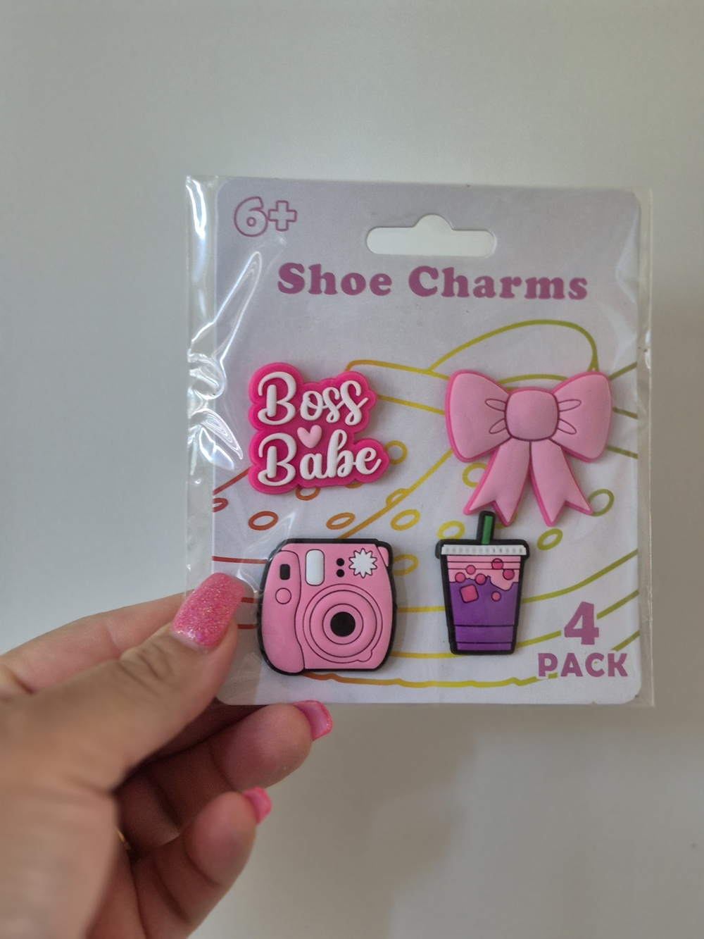 Shoe Charms 4-Pack - Pink Bow, Camera, Drink & "Boss Babe"